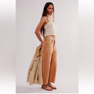 Free People RE/DONE Loose Crop Jeans Grommet Waist Wide Leg Tan